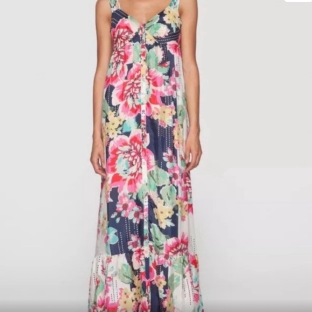 Johnny Was Navy Floral Maxi Dress with Pink, Mint & Yellow Blooms